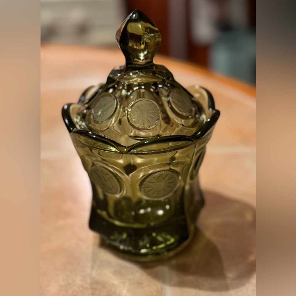 Vintage Fostoria Green Coin Glass Candy Dish✨
